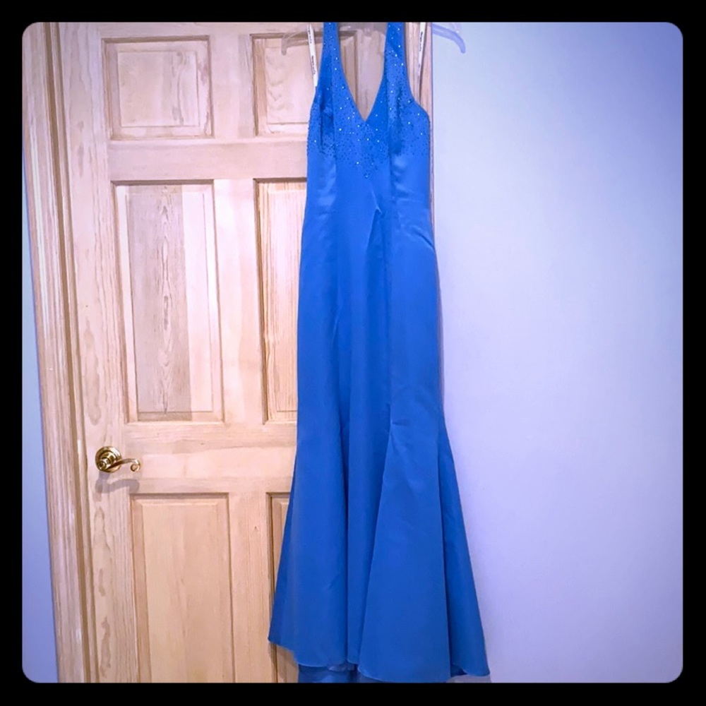 Blue evening gown with beads (halter) fitted